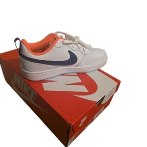 Nike Kids White and Blue Sneakers with Orange Accents
